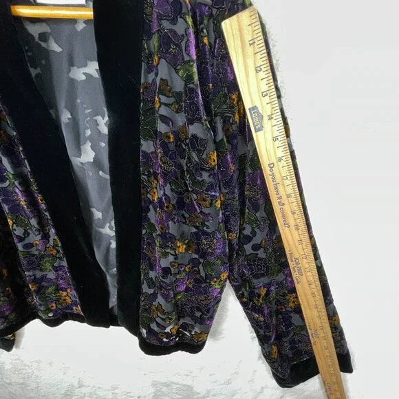 Vintage BurnOut Open Cardigan Womens S/M Floral Black Velvet Trim Dark Fairy - Picture 10 of 15
